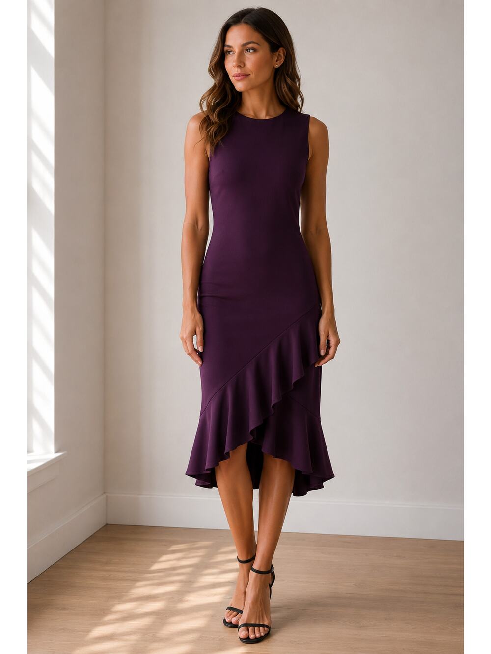 Calvin Klein Plum Classic Asymmetrical Ruffle Hem Sleeveless Midi Sheath Dress